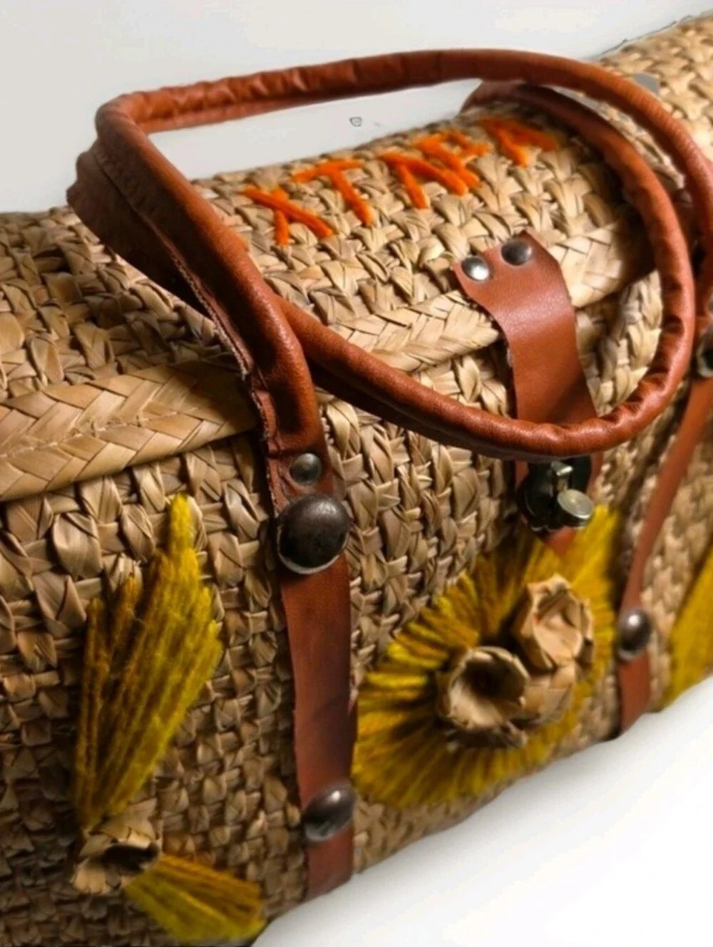 Woven Straw Tote Bag with Yellow Embroidery